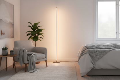 Cozy bedroom with warm amber RGB lamp