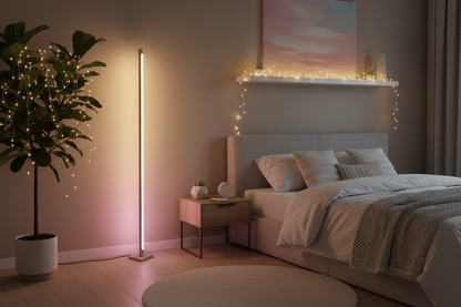 RGB corner floor lamp with soft pink sunset colors in aesthetic bedroom