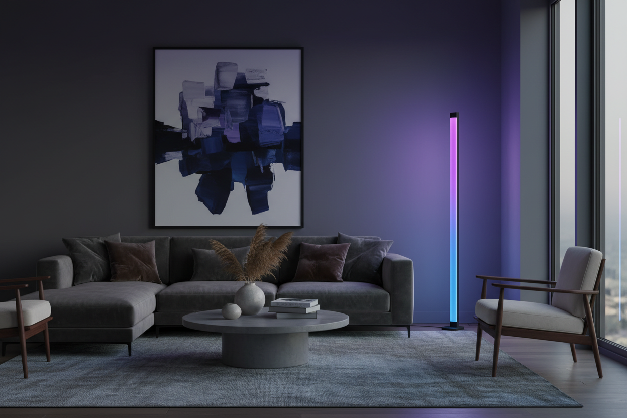 Modern living room with vibrant purple-blue RGB lamp